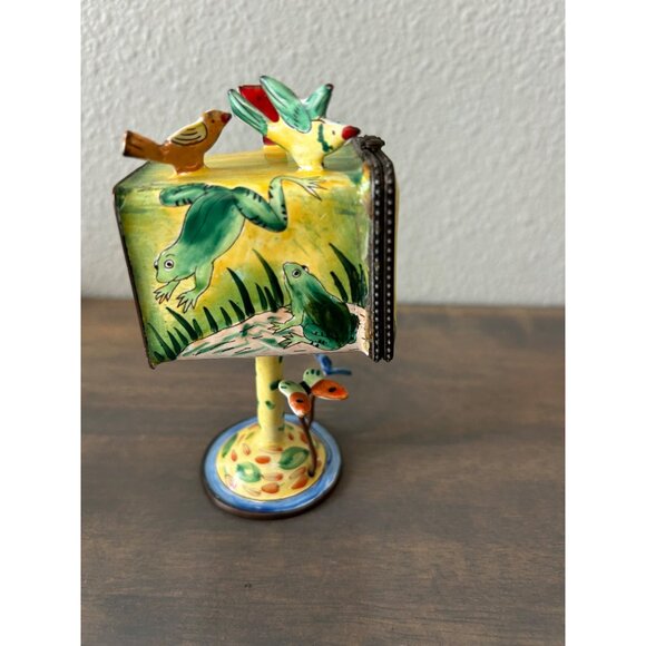 Kelvin Chen Enameled Metal Stamp Box Mail Box Trinket Box Frogs and Birds - Picture 2 of 8